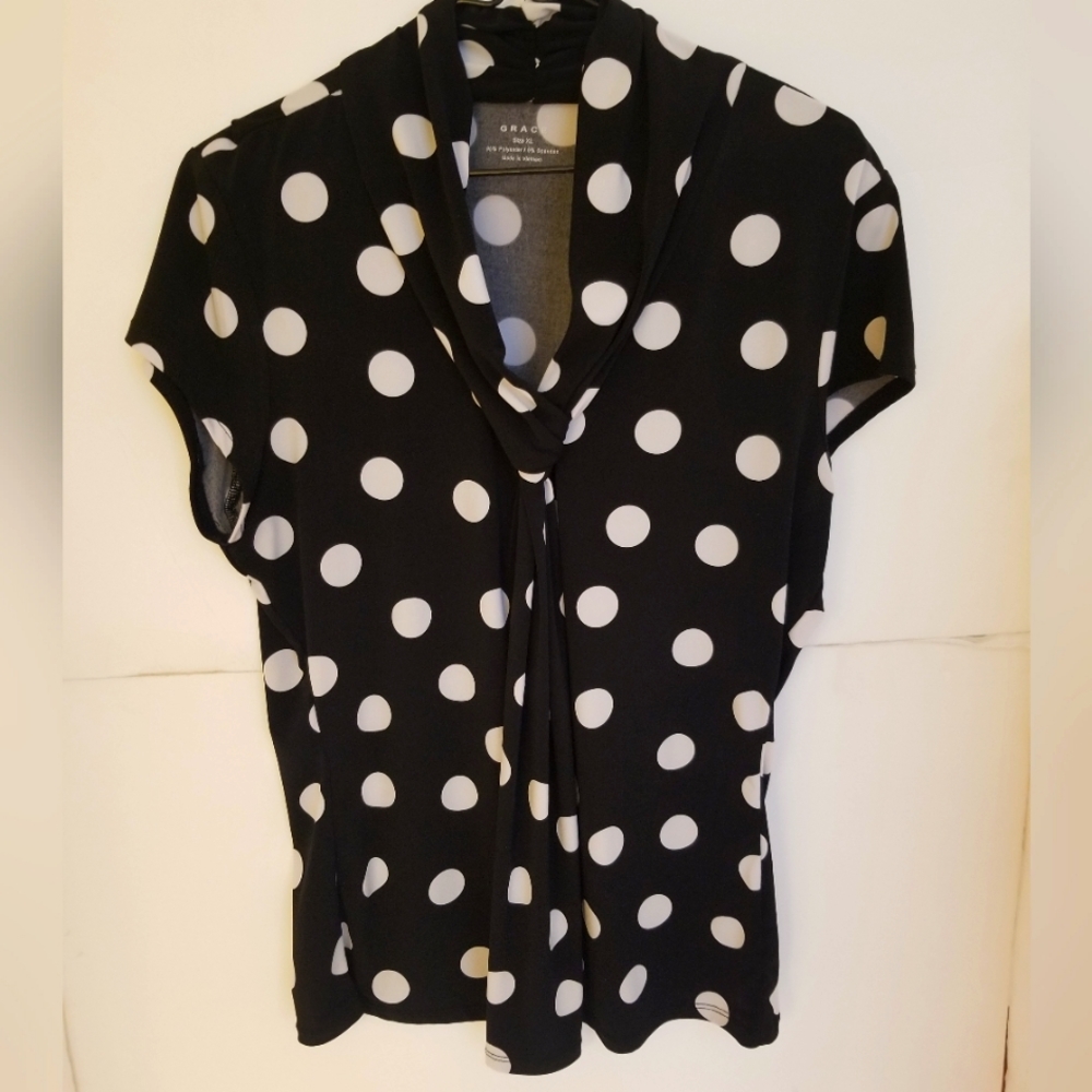 Grace Black and White Fitted Polka Dot Top XL